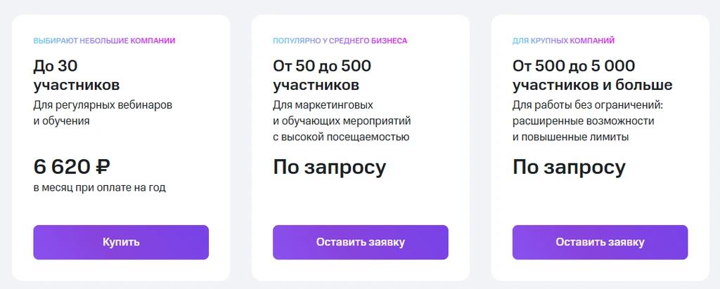 Тарифные планы для вебинаров с различными условиями участия и ценами.