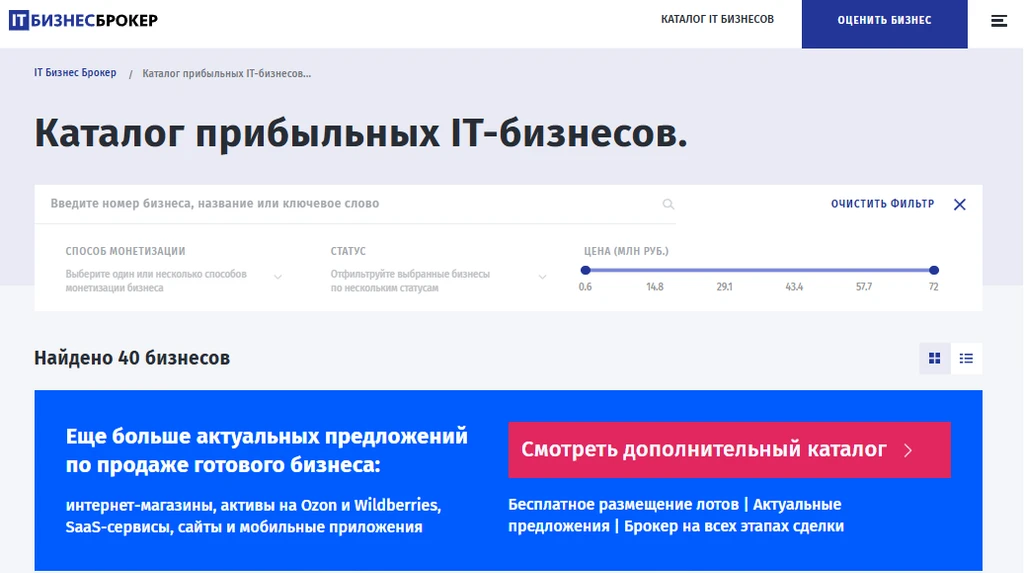 Каталог прибыльных IT-бизнесов с фильтрами для поиска и оценки.