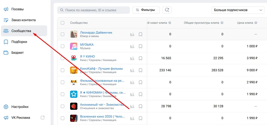 Скриншот интерфейса VK с разделом 'Сообщества' и списком групп.