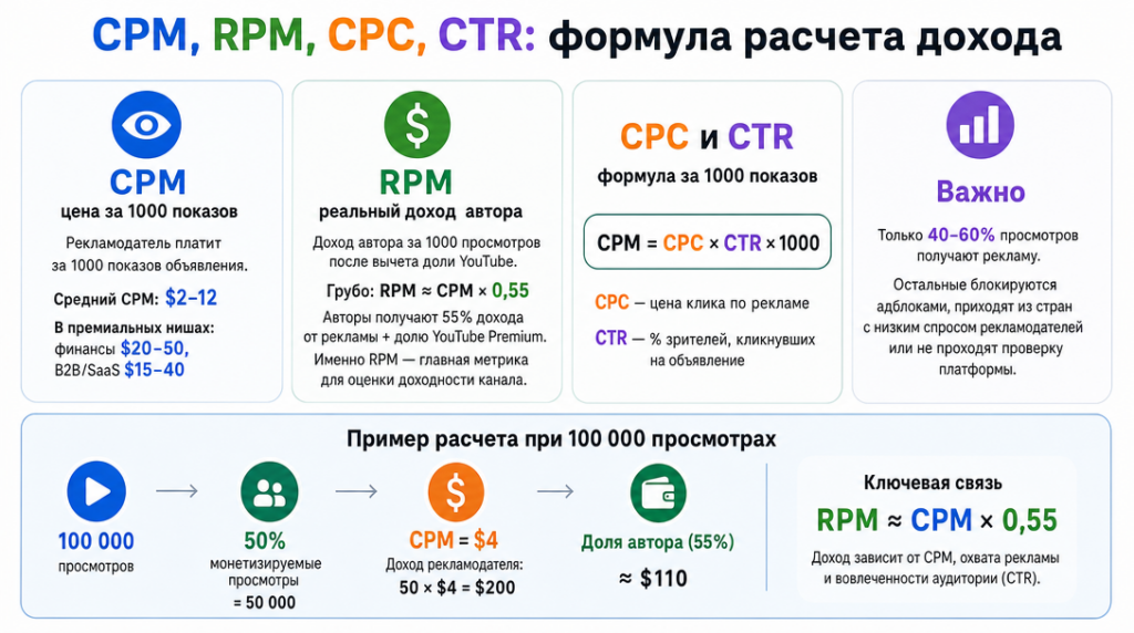 Памятка по формулам расчета, чтобы понять, сколько платит YouTube за просмотры
