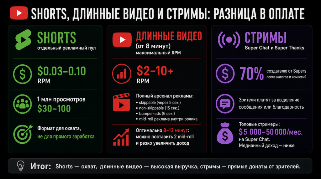 Памятка: сколько платят за Shorts, просмотры длинных видео и стримы на YouTube