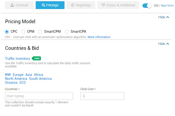 Pricings Clickadu