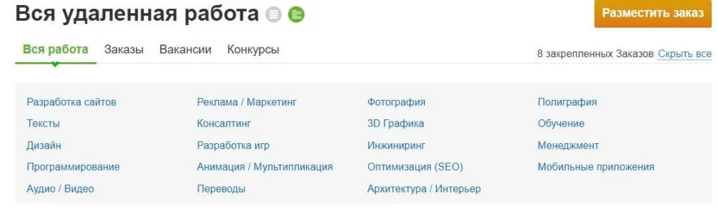 Категории заказов на Fl.ru