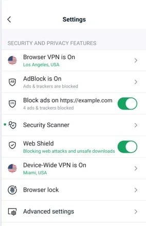 Настройки в Avast Secure Browser