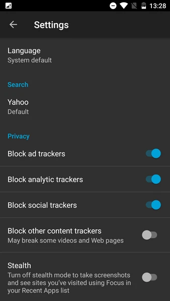 Настройки приватности Firefox Focus