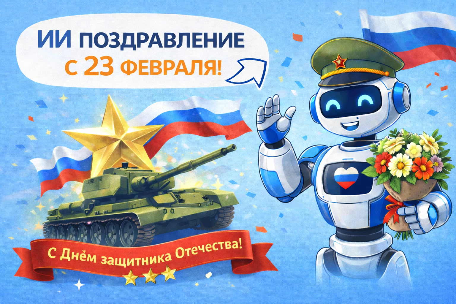 ИИ-поздравление с 23 февраля: как сделать открытку, текст и фото с помощью нейросети