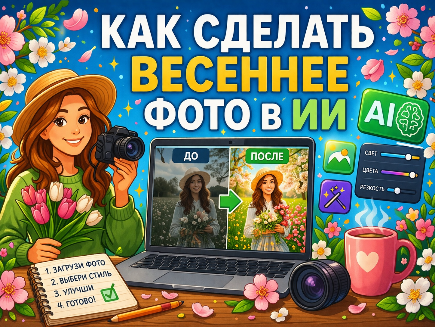 Весенняя фотосессия в атмосферной локации от нейросети: удачные промпты, примеры