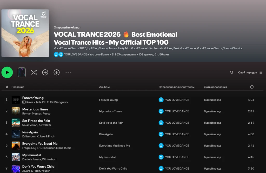 Плейлист на Spotify с треками в жанре вокальный транс 2026 года.