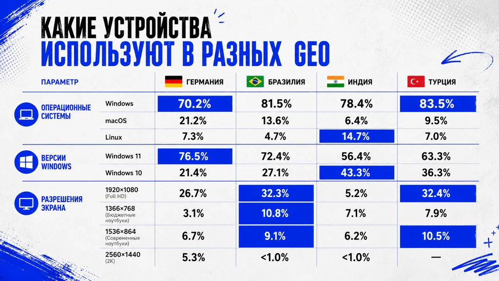 Статистика использования устройств в разных странах, включая операционные системы и разрешения экрана.