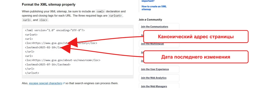 Пример правильного оформления XML-карты сайта с указанием канонического адреса и даты изменения.