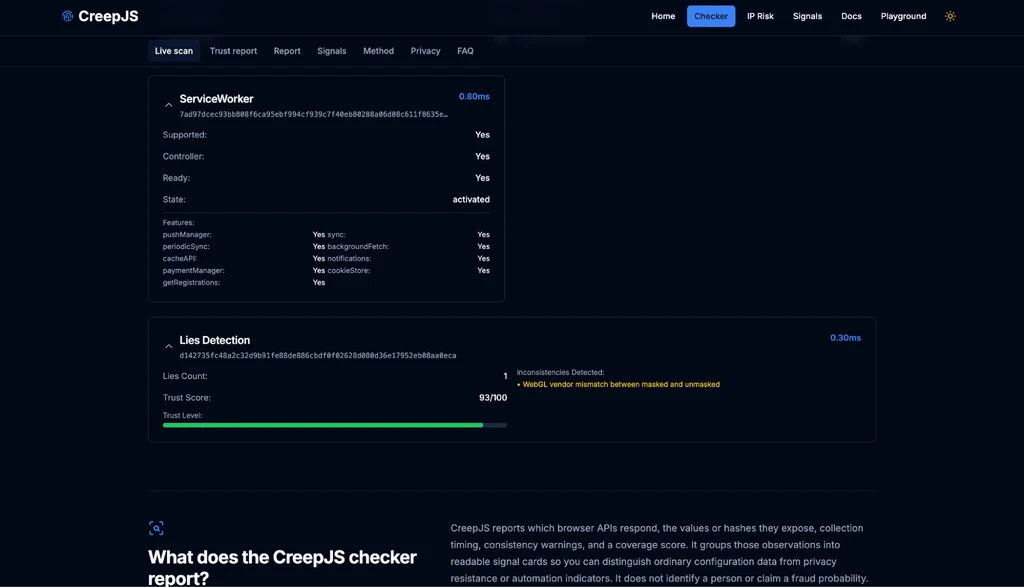 Отчет CreepJS о проверке браузера с данными о ServiceWorker и детекции лжи.