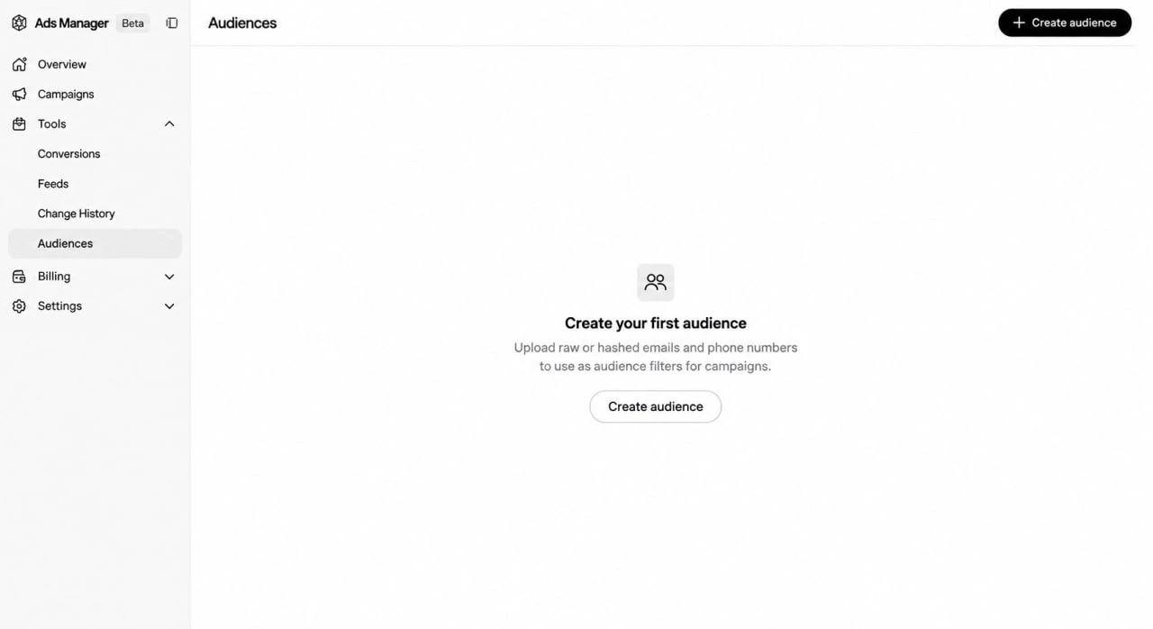 Интерфейс Ads Manager с разделом для создания аудитории для рекламных кампаний.