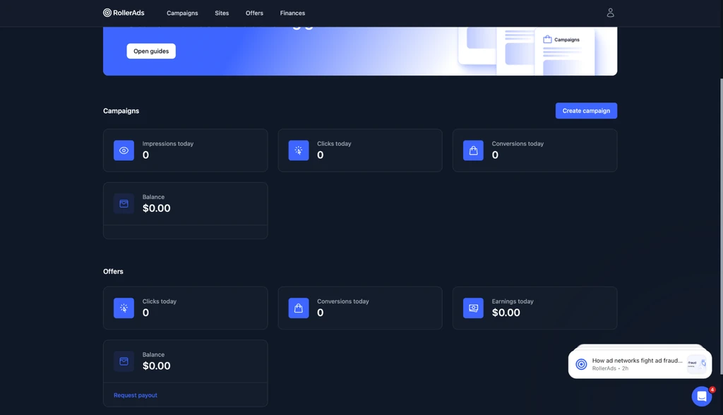 Интерфейс платформы для управления рекламными кампаниями и предложениями.