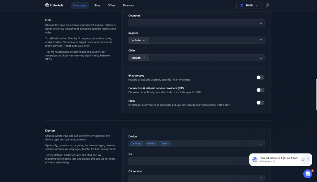 Настройки гео-таргетинга и устройства для рекламной кампании на платформе RollerAds.