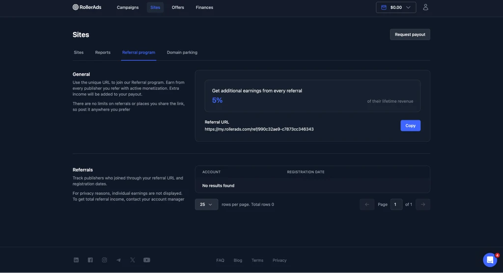 Интерфейс программы рефералов на платформе RollerAds с информацией о доходах.