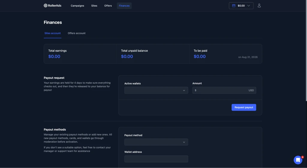 Интерфейс финансового раздела платформы для партнёрского маркетинга с информацией о выплатах.