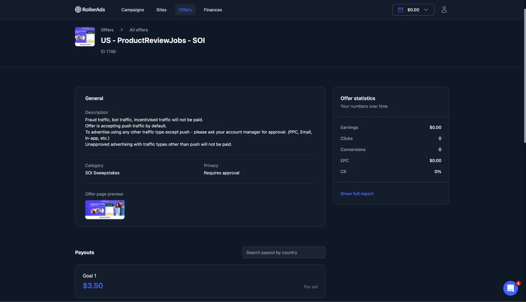 Интерфейс платформы для арбитража трафика с предложением ProductReviewJobs.