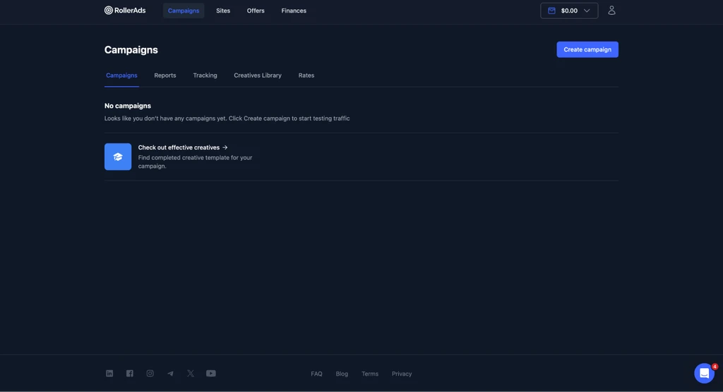 Интерфейс платформы для управления рекламными кампаниями в партнёрском маркетинге.