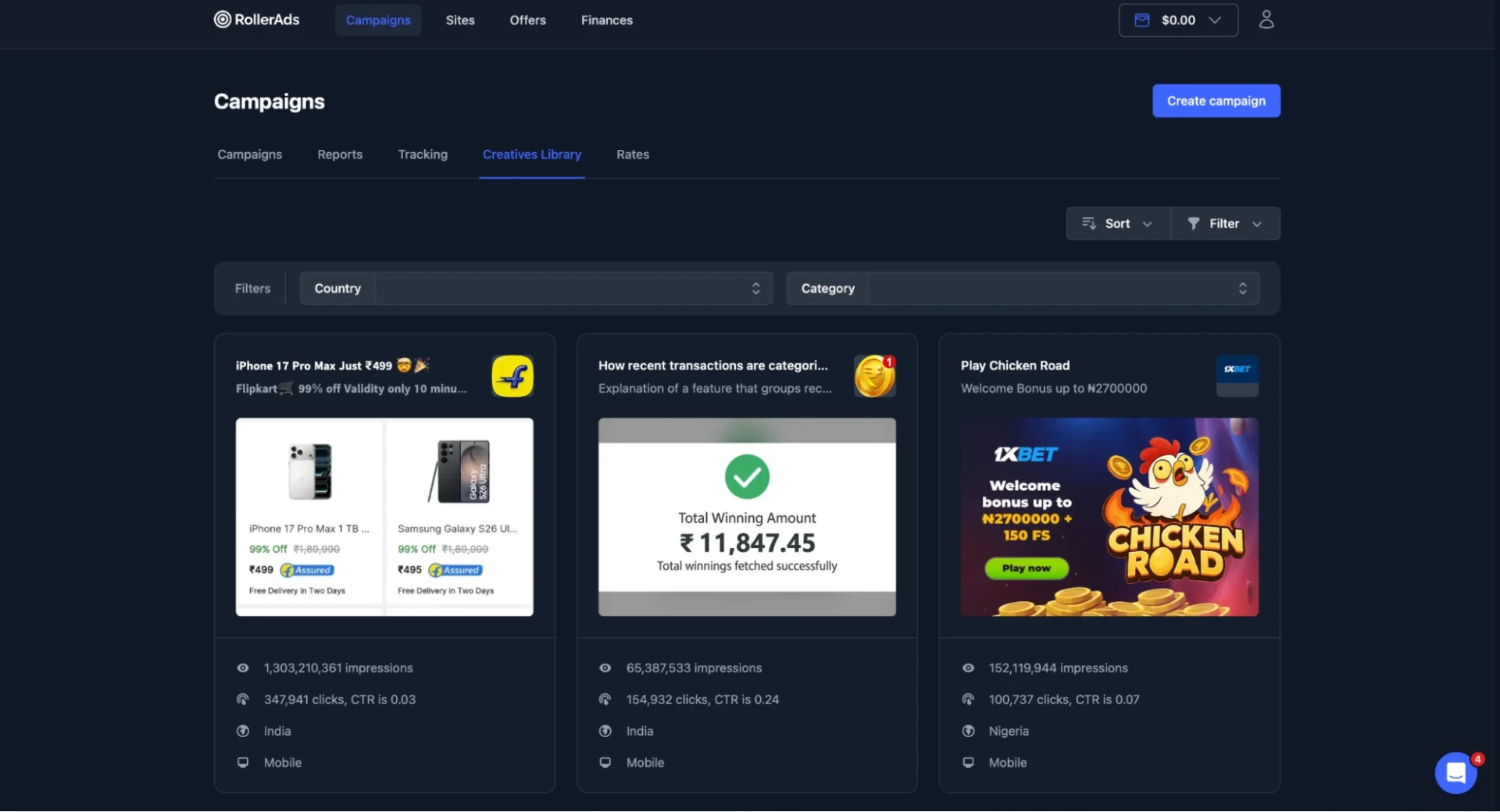 Интерфейс платформы RollerAds с данными о рекламных кампаниях и статистике.