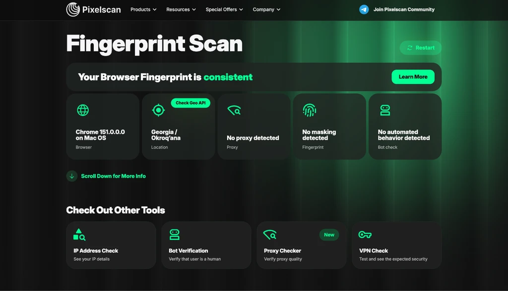 Скриншот интерфейса проверки отпечатка браузера с информацией о системе и статусе прокси.