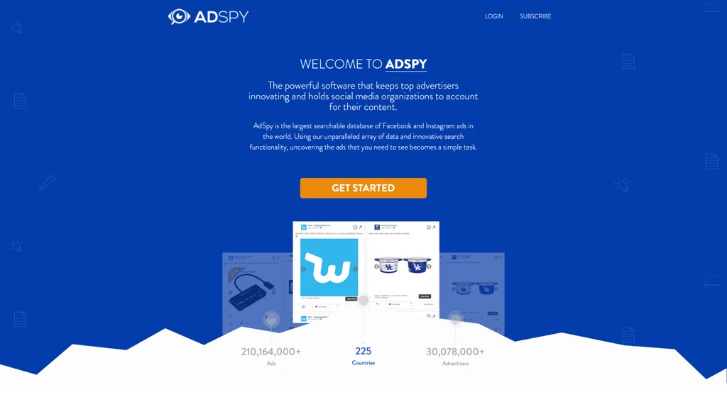 Скриншот сайта AdSpy с информацией о рекламе в Facebook и Instagram.