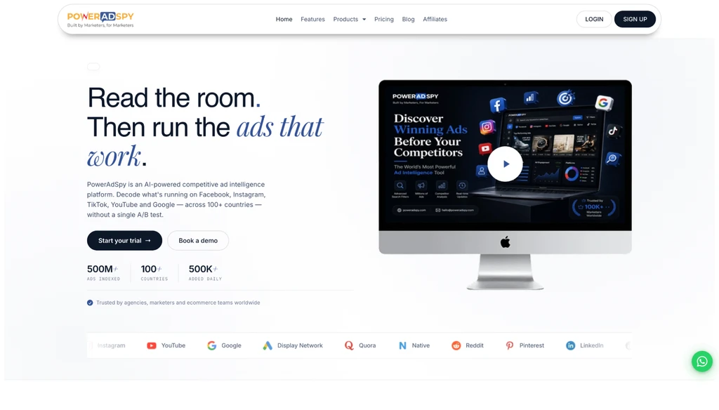 Интерфейс платформы PowerAdSpy для анализа рекламных кампаний и конкурентного анализа.