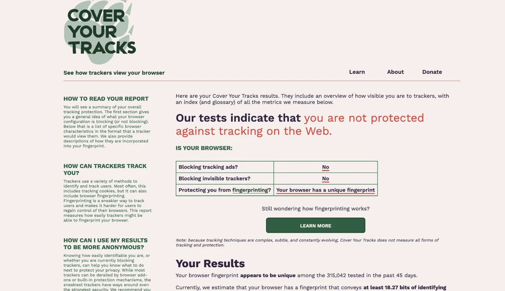Скриншот страницы сервиса Cover Your Tracks, показывающего результаты тестирования защиты от трекинга.