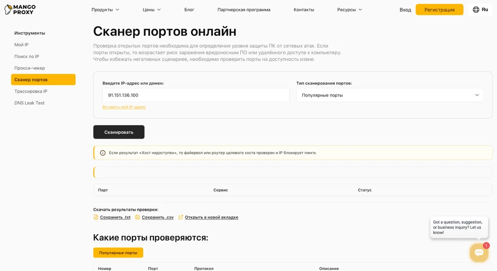 Скриншот онлайн-сканера портов для проверки открытых портов и безопасности ПК.