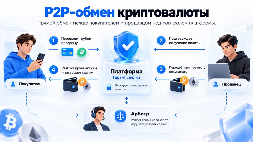 Схема P2P-обмена криптовалюты между покупателем и продавцом с участием платформы и арбитра.