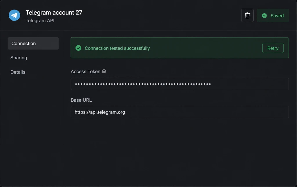 Настройки подключения к API Telegram с успешной проверкой соединения.
