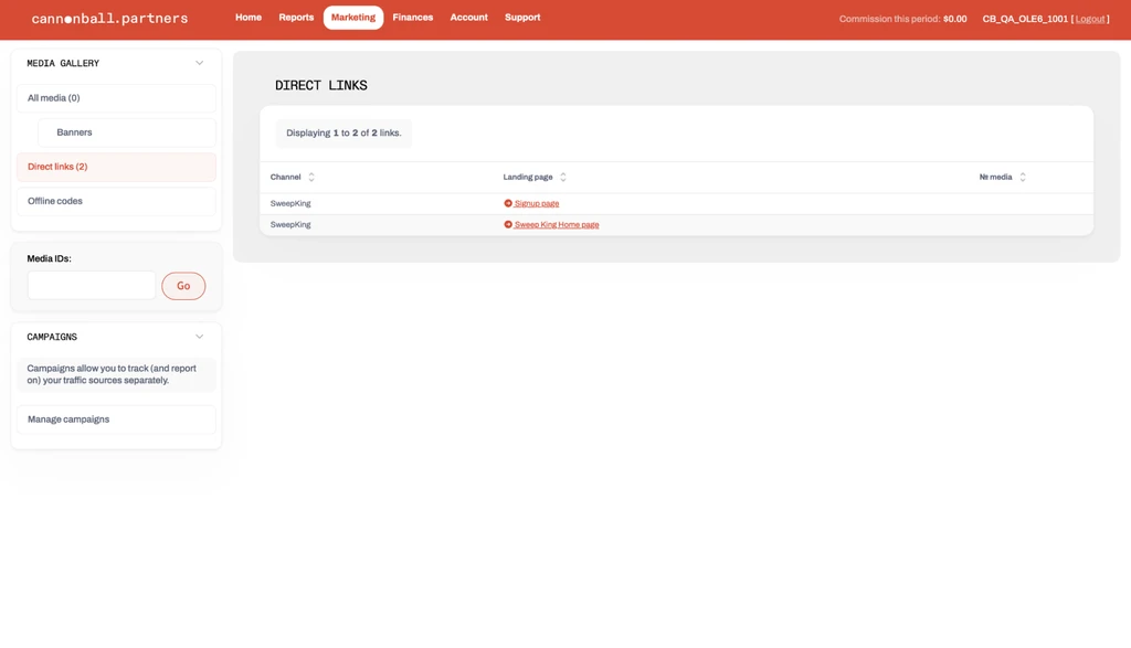 Интерфейс платформы для партнёрского маркетинга с разделом прямых ссылок и кампаниями.