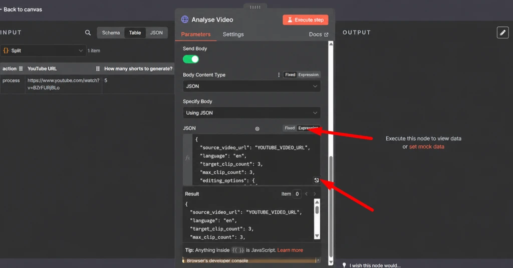 Интерфейс анализа видео с параметрами для обработки JSON и генерации шортов.