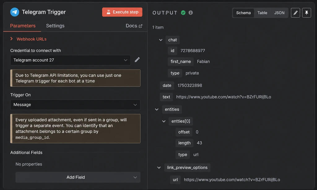 Интерфейс настройки триггера для Telegram с параметрами и URL вебхука.