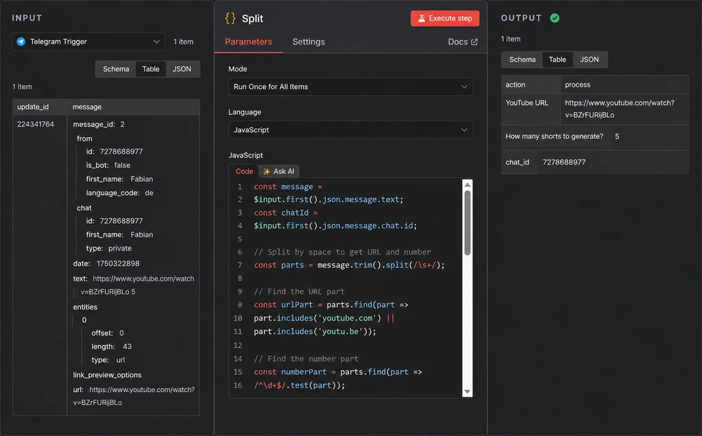Интерфейс программы для обработки сообщений в Telegram с кодом на JavaScript.