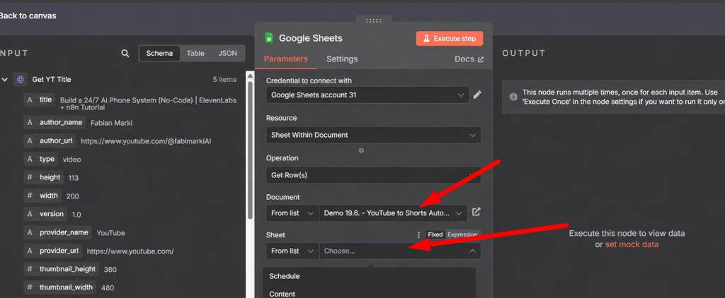 Настройки Google Sheets для автоматизации работы с YouTube, включая параметры и выходные данные.