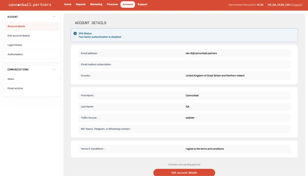 Детали аккаунта на сайте партнёрского маркетинга с информацией о пользователе.