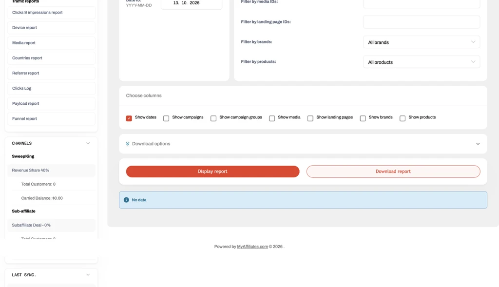 Интерфейс отчёта по трафику с параметрами для анализа данных и загрузки отчётов.