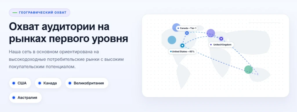 Схема охвата аудитории на рынках первого уровня, включая США, Канаду и Великобританию.