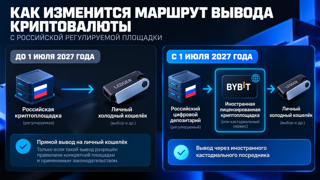 Инфографика о изменениях в выводе криптовалюты с российской площадки до и после 1 июля 2027 года.