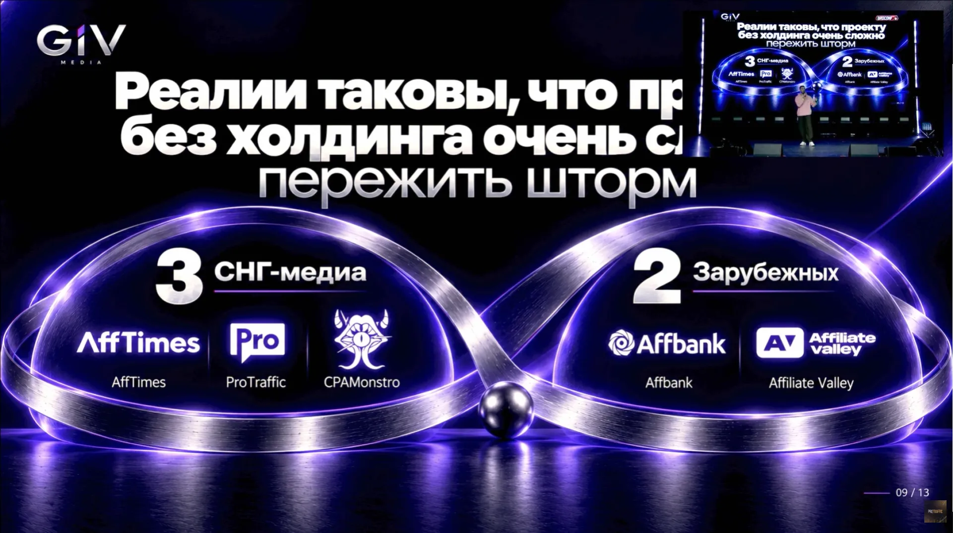 Слайд с информацией о партнёрском маркетинге и арбитраже трафика на мероприятии.